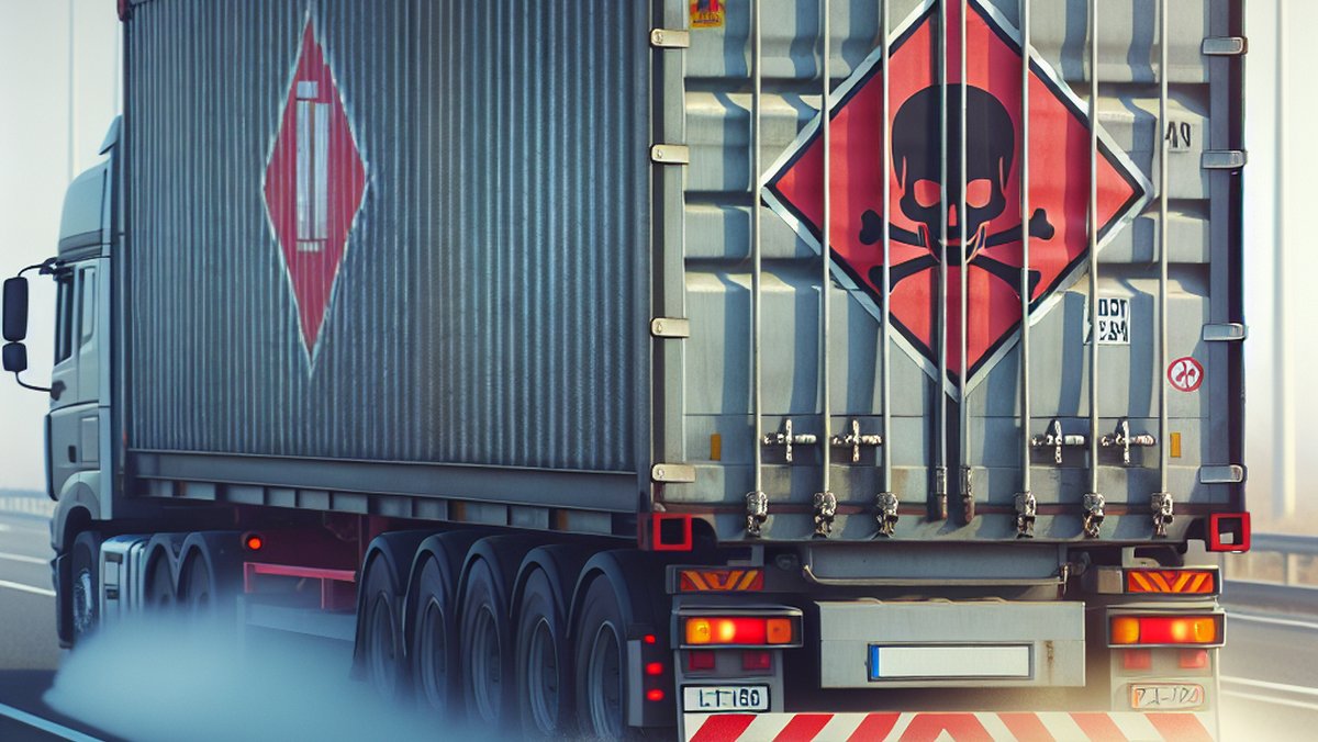 Platus kadras, kaip autostrada važiuoja sunkvežimis, vežantis konteinerį, pažymėtą raudonu deimantu ir įspėjamuoju simboliu. Sunkvežimį iš dalies dengia už jo besiveržiantis dulkių srautas, išryškinantis galimą pavojų, susijusį su pavojingų medžiagų transportavimu.