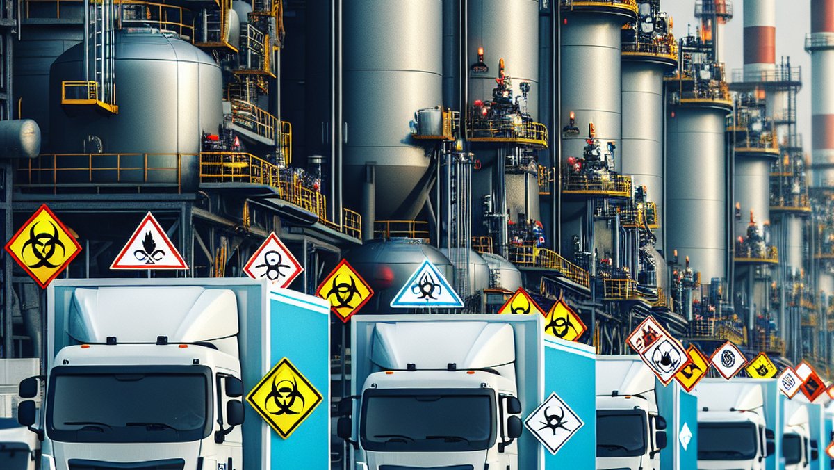Specializuotų sunkvežimių parkas, kiekvienas su atskiru pavojaus simboliu ir saugos ženklais, juda per didžiulį pramonės kompleksą. Kiekvienas sunkvežimis reprezentuoja skirtingą pavojingų krovinių rūšį, demonstruodamas įvairias paslaugas, kurias siūlo pavojingų krovinių gabenimo įmonės.