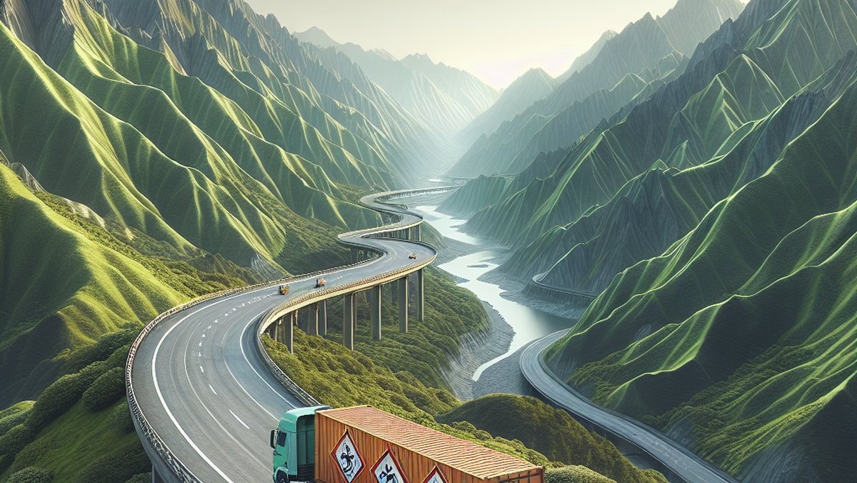 Vingiuotas greitkelis su sunkvežimiu, vežančiu aiškiai paženklintą pavojingų medžiagų konteinerį, keliaujantį kalnuotu kraštovaizdžiu, pabrėžiant saugaus pavojingų krovinių vežimo sudėtingu reljefu planavimo svarbą.