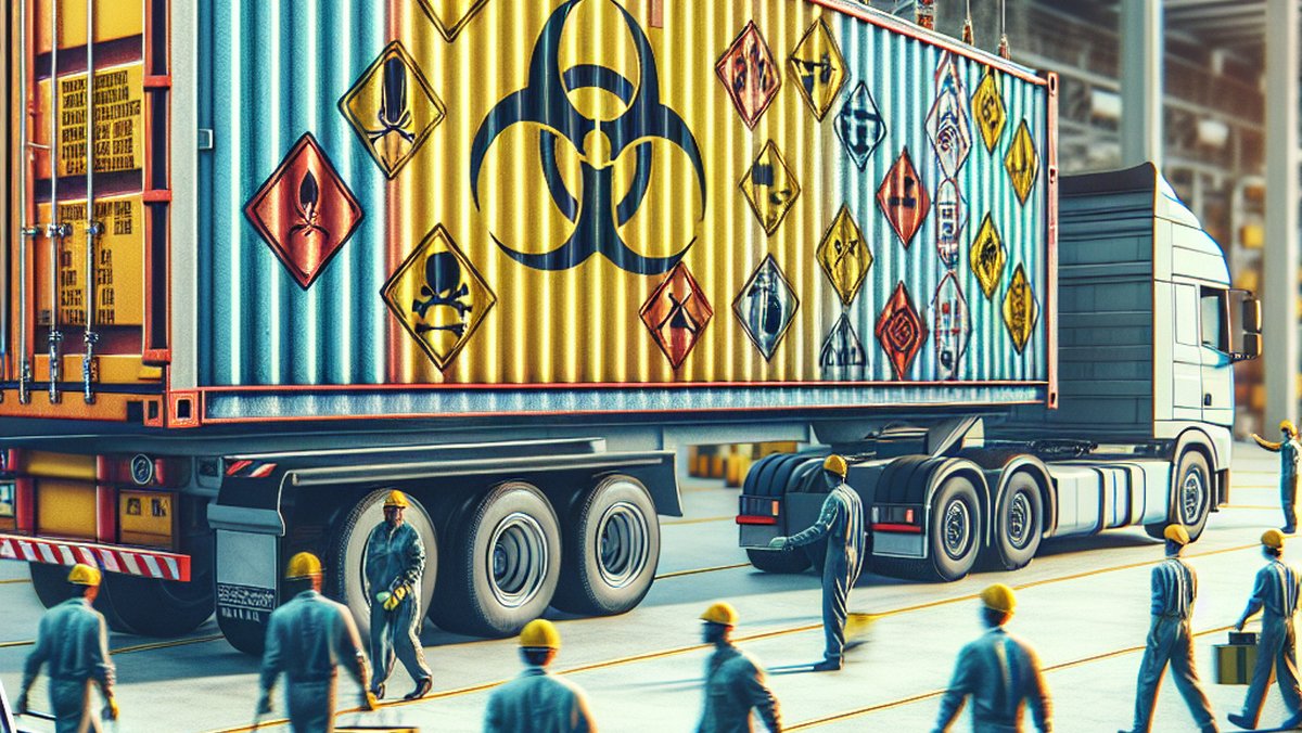 Modernus logistikos centras, šurmuliuojantis su įvairiais pavojingų medžiagų simboliais pažymėtu konteineriu kraunamas sunkvežimis. Scenoje pabrėžiama saugos taisyklių ir pažangios logistikos svarba gabenant pavojingus krovinius.