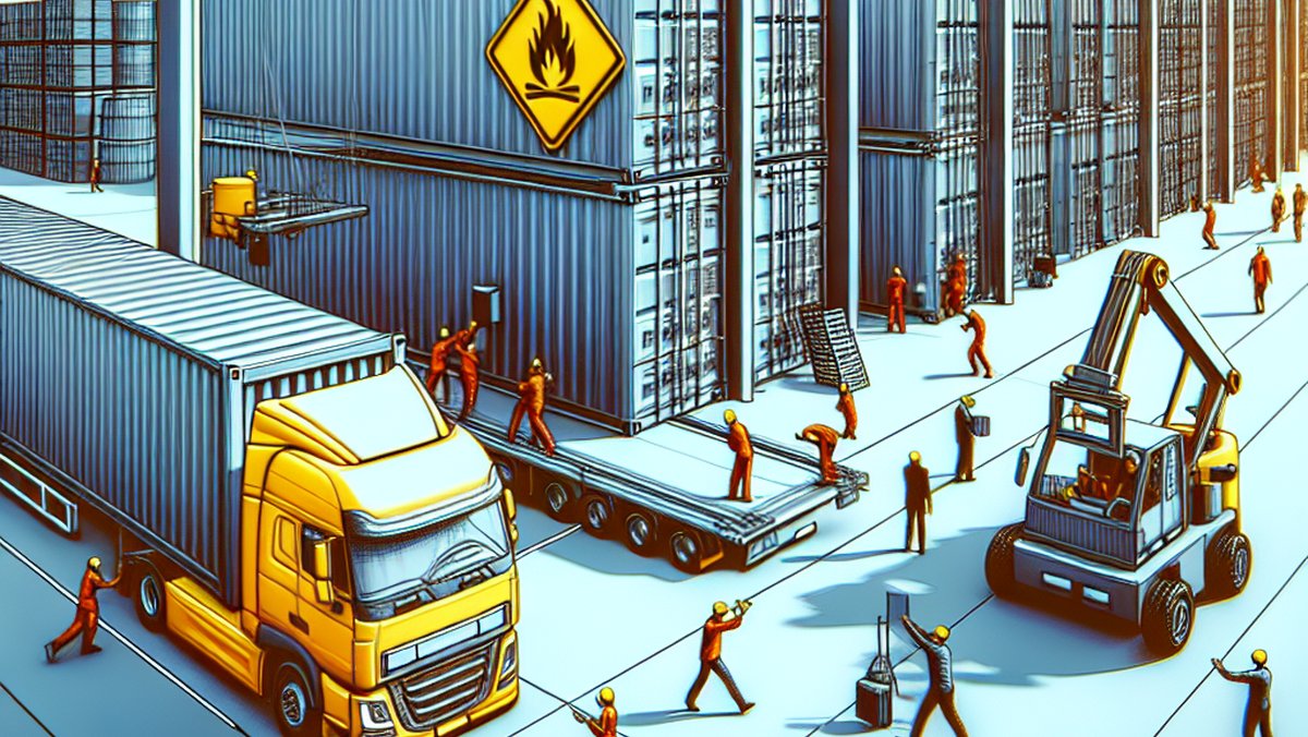 Platus vaizdas į modernų logistikos centrą, kuriame šurmuliuoja veikla. Sunkvežimis, aiškiai pažymėtas geltonu ženklu „Pavojus“ ir raudonu simboliu „Degios medžiagos“, kruopščiai kraunamas konteineriu. Scenoje pabrėžiamas itin svarbus saugios logistikos vaidmuo tvarkant pavojingus krovinius.