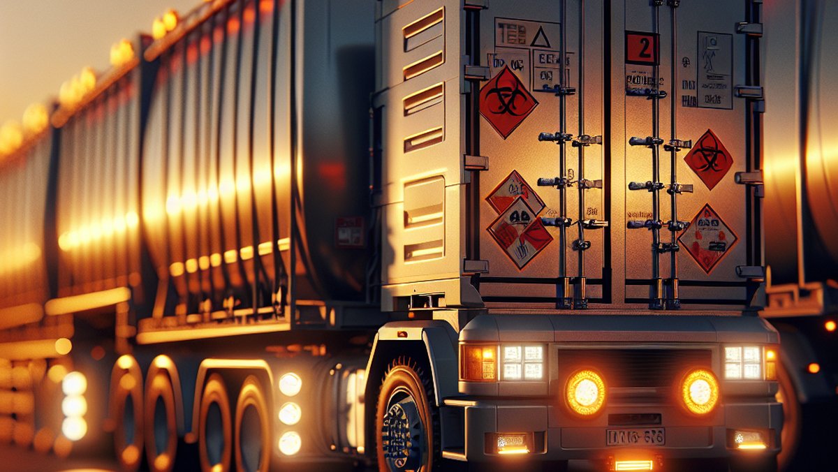 Greitkelio vaizdas sutemus, kuriame yra specializuotas sunkvežimis su mirksinčiomis gintaro šviesomis, gabenantis sandarų konteinerį su aiškiais pavojingų medžiagų simboliais, pabrėžiantis technologijų ir saugos svarbą gabenant pavojingus krovinius.