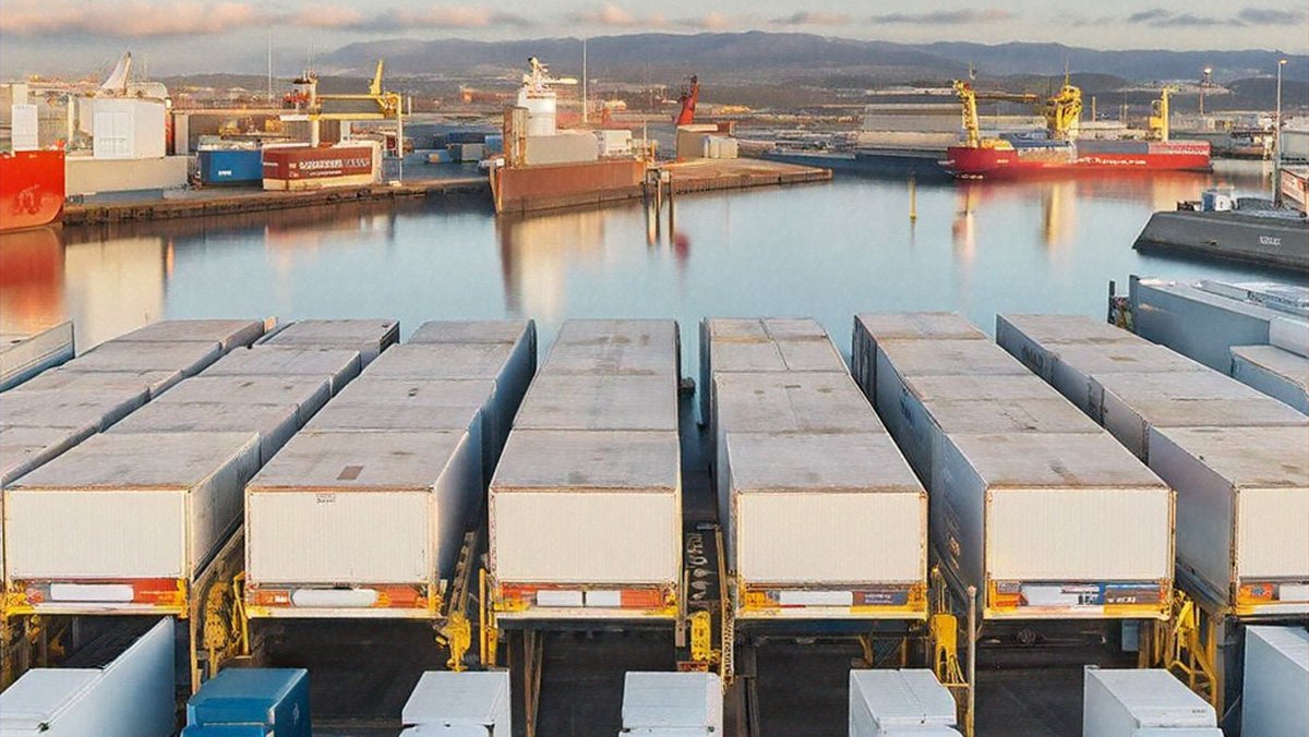 Panoraminis judraus uosto vaizdas su keliais sunkvežimiais su šaldytuvais, stovinčiais prie pakrovimo dokų, demonstruojantis logistinį sudėtingumą ir kontroliuojamo temperatūros transportavimo svarbą tarptautinėje prekyboje.