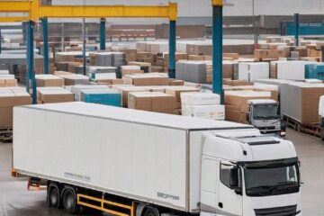 Šiuolaikiškas sunkvežimis refrižeratorius, pastatytas triukšmingame logistikos centre, apsuptas kitų sunkvežimių, darbuotojų ir prekių padėklų, demonstruojantis kontroliuojamo temperatūros transportavimo mastą ir svarbą šiandieninėje tiekimo grandinėje.