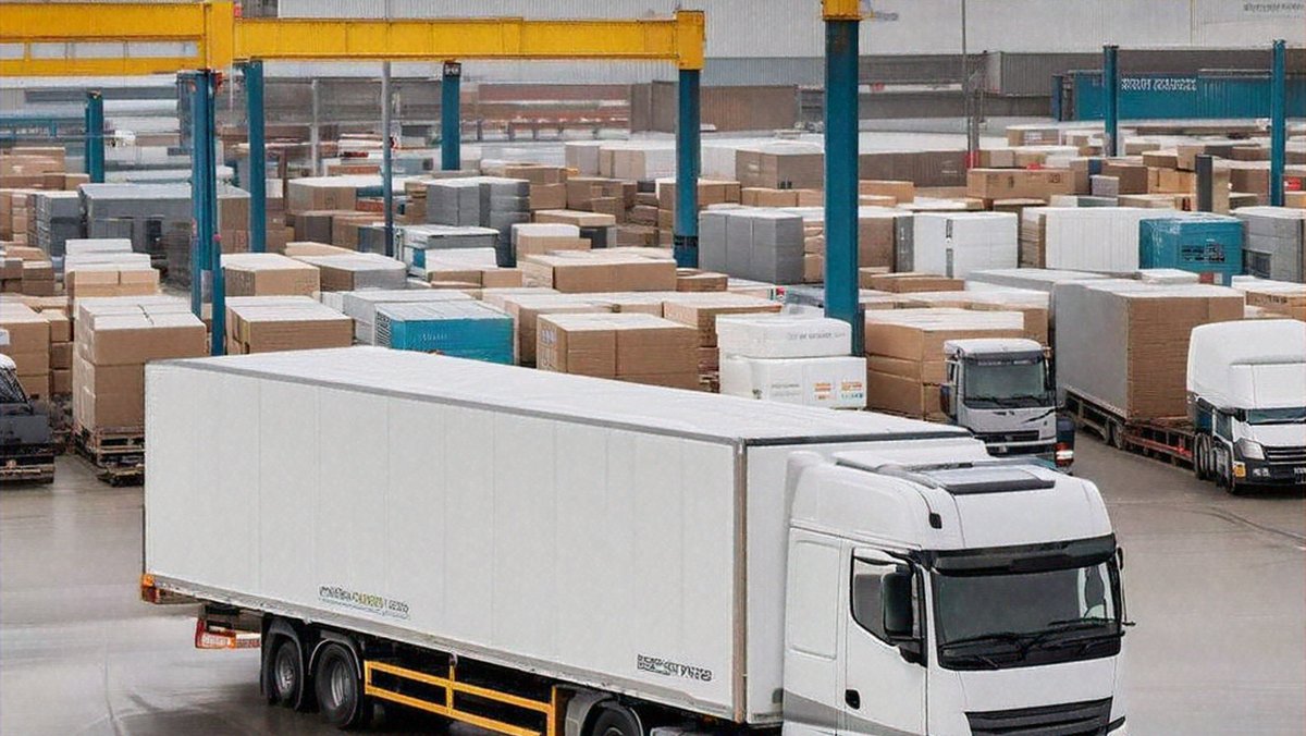 Šiuolaikiškas sunkvežimis refrižeratorius, pastatytas triukšmingame logistikos centre, apsuptas kitų sunkvežimių, darbuotojų ir prekių padėklų, demonstruojantis kontroliuojamo temperatūros transportavimo mastą ir svarbą šiandieninėje tiekimo grandinėje.